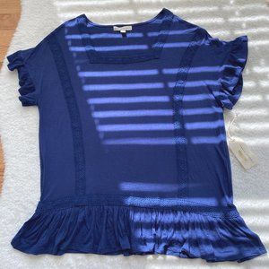 Farmer Market Women's Rayon/Spandex Short Sleeve Top, Ruffle Details, Blue, L